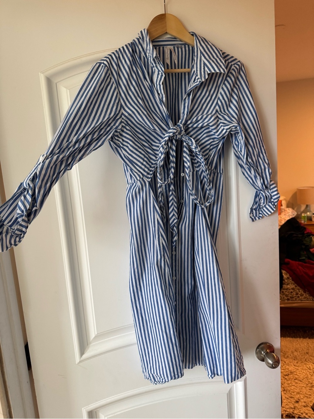 Seraphine Blue and White Striped Midi Tie-Front Shirt Dress Maternity & Nursing